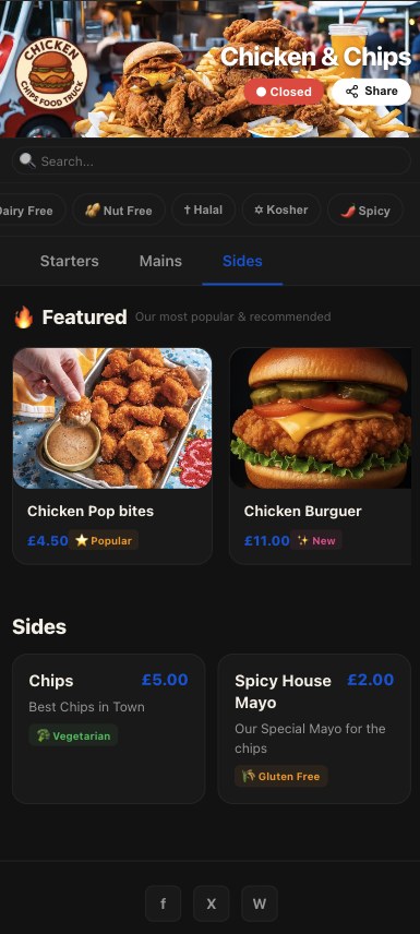 Chicken and Chips digital menu showing categories with items, prices and photos