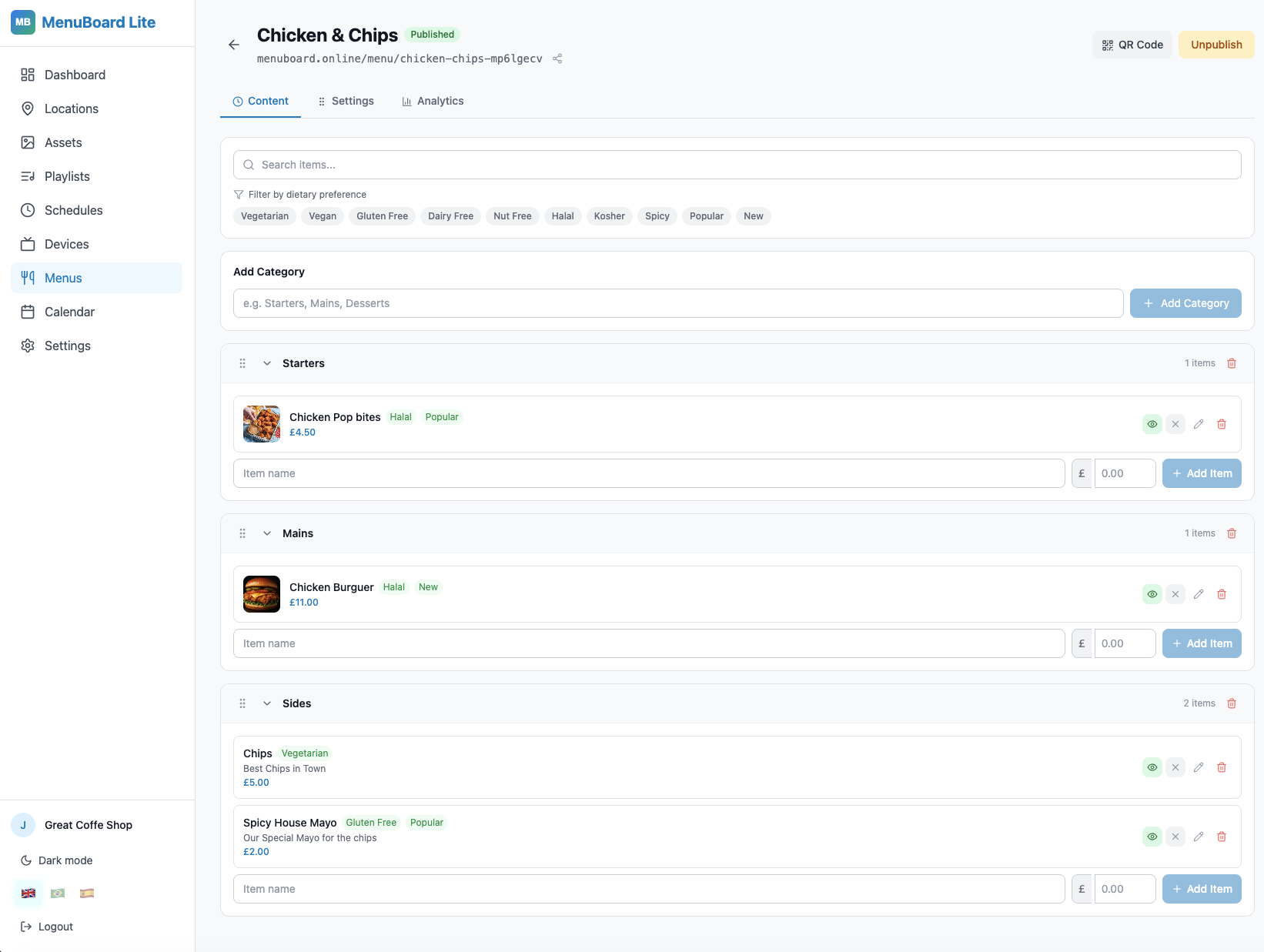 MenuBoard Online admin panel dashboard showing menus, playlists, schedules and devices sections