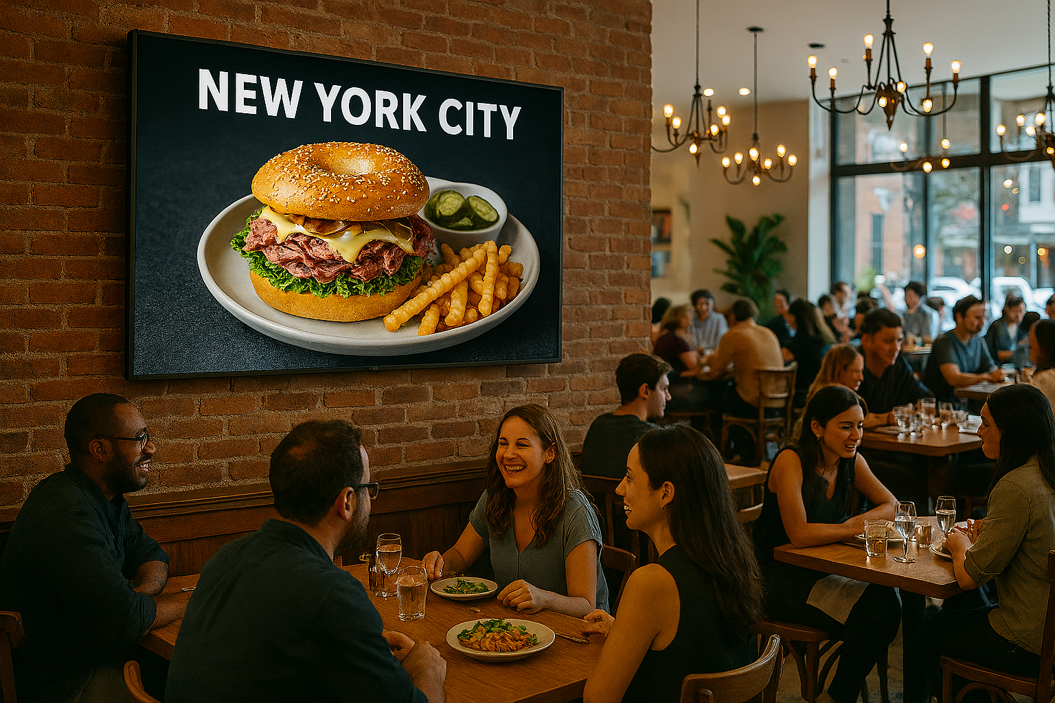 MenuBoard Online TV App showing a restaurant's digital menu board displayed on a large screen with vibrant food photography