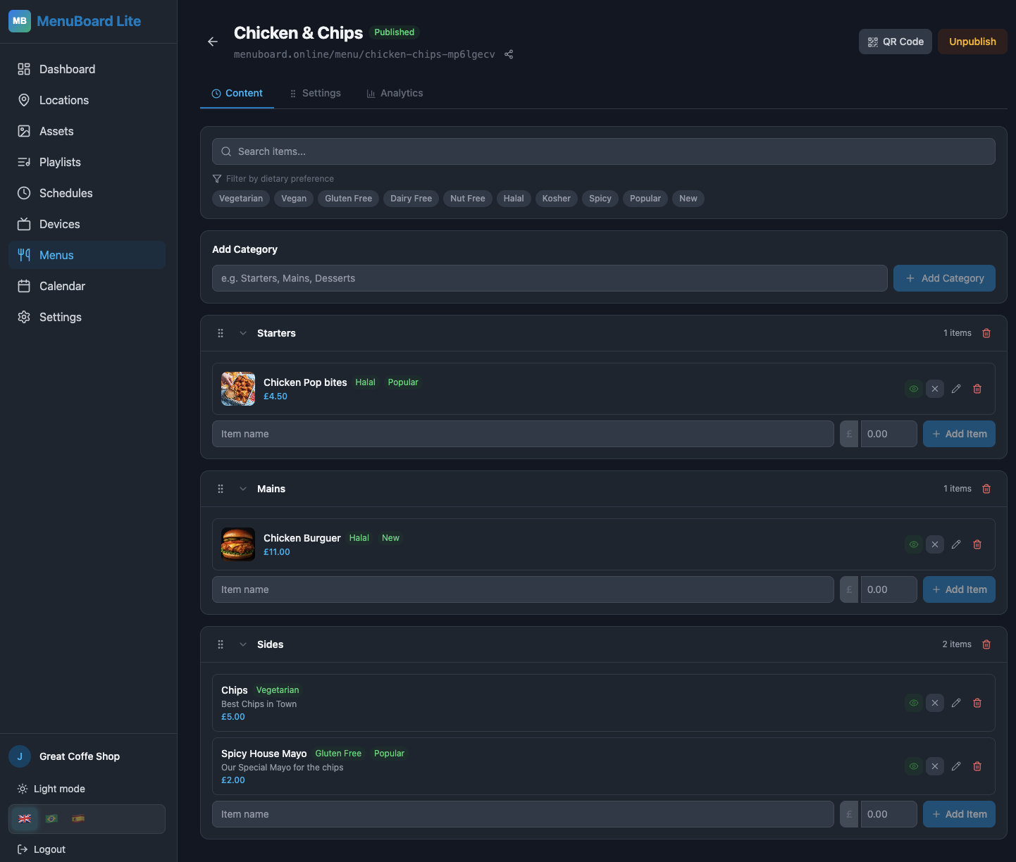 MenuBoard Online admin panel menu editor in dark mode showing settings options