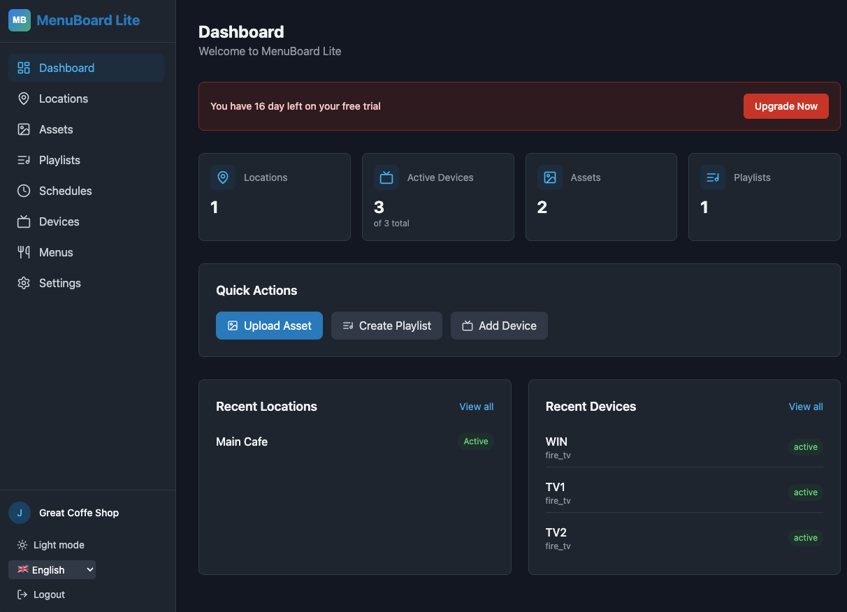MenuBoard Online admin dashboard showing live menu board status