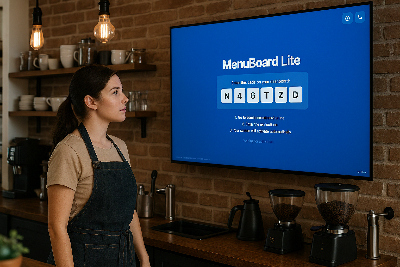Waitress setting up MenuBoard digital signage at a real venue